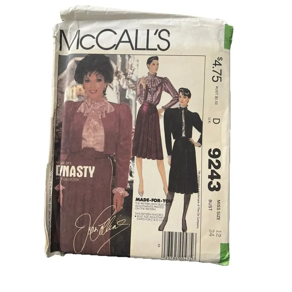 Vintage 9243 McCall DYNASTY SEWING Pattern JABOT LACE Blouse Size 12 Uncut